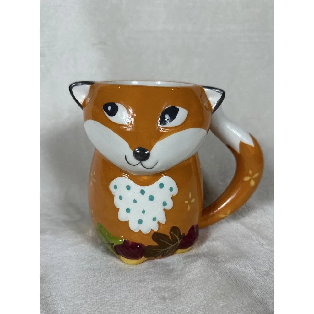 Pier 1 Fox Ceramic Mug 12 oz Fall Colors Whimsical Hand Painted Earthenware